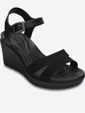 Crocs Leigh II Ankle strap Wedge heel Sandals Shoes Black Size 9 Womens